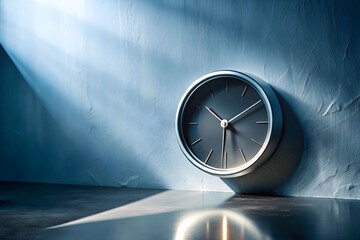 Minimalist wall clock with metallic frame leaning against textured blue wall, illuminated by sunlight and casting dramatic shadows in a serene modern interior