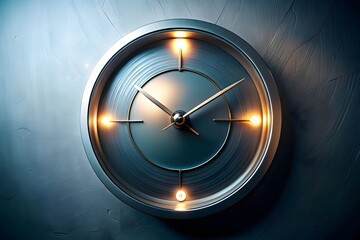 Modern wall clock with metallic finish and illuminated markers on cool blue textured background, blending minimalism with futuristic interior design appeal