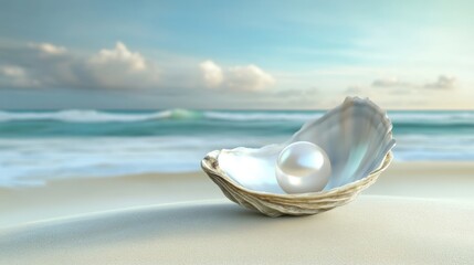 Pearl Nestled in Oyster Shell on Sandy Beach
