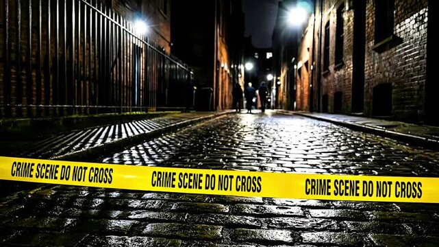 Bright yellow crime scene do not cross tape stretched across a dark, wet cobblestone alleyway at night under streetlights