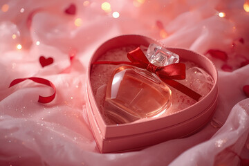Perfumes and cosmetics. An elegant bottle of women's perfume in a soft pink gift box, decorated with a red ribbon and hearts. A gift for Valentine's Day.