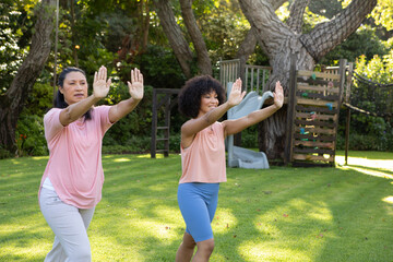 Mother and daughter practicing balancing exercise on grassy backyard lawn next to wooden playset