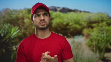 Man in a red shirt and matching cap counting fingers in a forest clearing with dense green trees; focused planning.