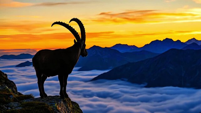 Magnificent alpine ibex stands silhouetted on a rugged cliff edge overlooking a vast sea of clouds during a dramatic golden hour sunset panorama.