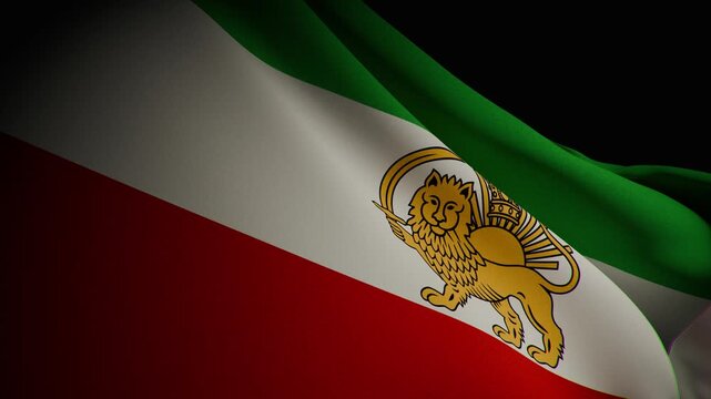 A closeup, spotlight-lit realistic 3D animation of Iran's pre-1979 flag waving, featuring the central lion and sword emblem with smooth flowing motion and vibrant colors.  