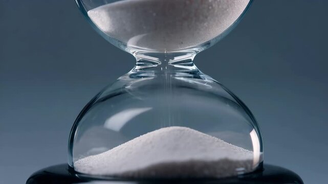 Closeup hourglass sand timer countdown time passing glass detail grain falling deadline concept time pressure patience focus urgency flowing glass vessel classic countdown to deadline