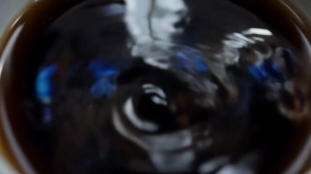 Abstract dark coffee closeup reflection with hot black liquid ripple in cafe, moody morning beverage drink surface showing soft blurred light and monitor reflections