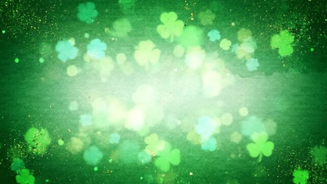 A vibrant green background with floating shamrocks and sparkling lights, creating a festive atmosphere from a straight-on viewpoint, resembling a celebratory scene 5432543.mp4