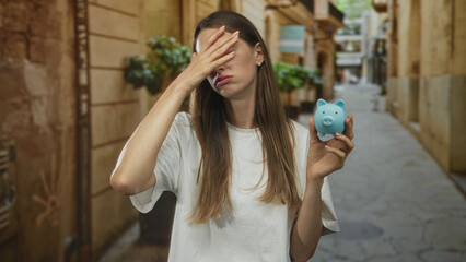 Young woman holding blue piggybank with one hand and pressing forehead with the other on a narrow...