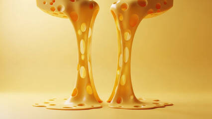 Obraz premium Abstract 3D Render of Melting Yellow Swiss Cheese with Holes Stretching Downwards on a Monochromatic Background