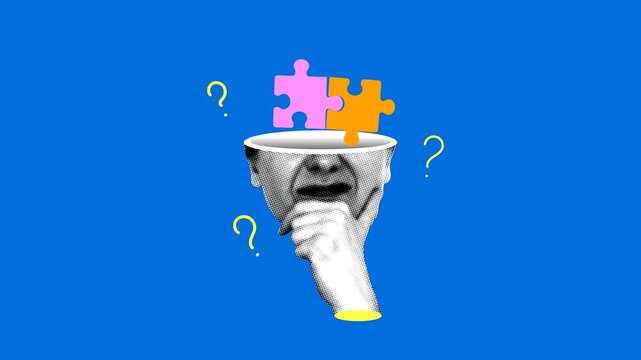 Puzzle connects inside the head. Problem and solution concept. Jigsaw inside head. Puzzled woman. Person looking for an answer decision making. Question and answer, quiz. Collage animation