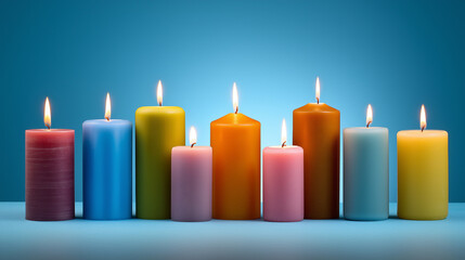 wax. Colorful wax candles glowing with varied flame shapes against a serene blue background. event programs, museum guides, designed for cultural heritage projects and event programs.