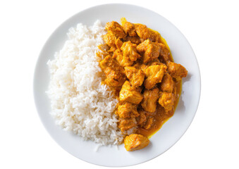 Chicken curry & rice plate. Golden, warm hues. Plain white plate. Top view