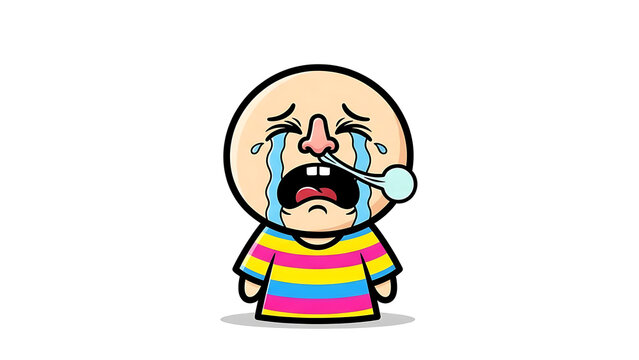 A cartoon character crying with tears and a tissue in hand standing alone in a white space