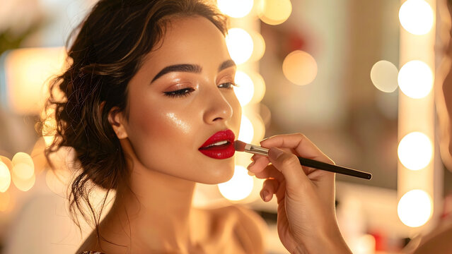 Close-up of a model's glowing face as an artist applies bold red lip color. Sophisticated makeup studio atmosphere. Perfect for holiday beauty campaigns and luxury cosmetic marketing.