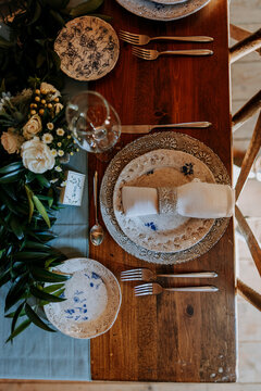 top down view of place setting at formal dinner table