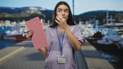 Woman holding pink clipboard and pen, hand to mouth gesture on marina dock with visible id badge; concern reflection.