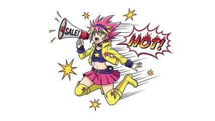 Naklejka premium Cartoon character in dynamic pose holding megaphone shouting sale announcement surrounded by motion stars
