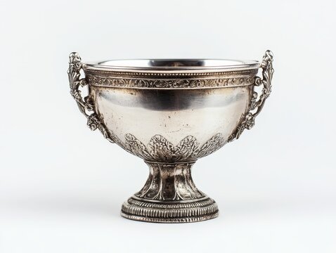 Old silver trophy bowl on a white background.
