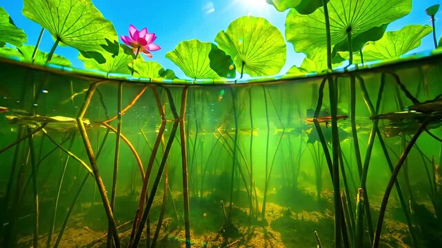 Split-level underwater photograph reveals vibrant green lily pads and one blooming pink lotus flower against a bright summer sky.