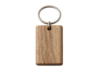 Wooden rectangle keychain, metal ring, suspended against dark background