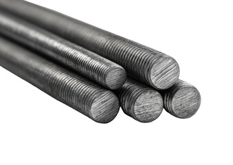 Five metal threaded rods, gray, stacked. Close up industrial hardware