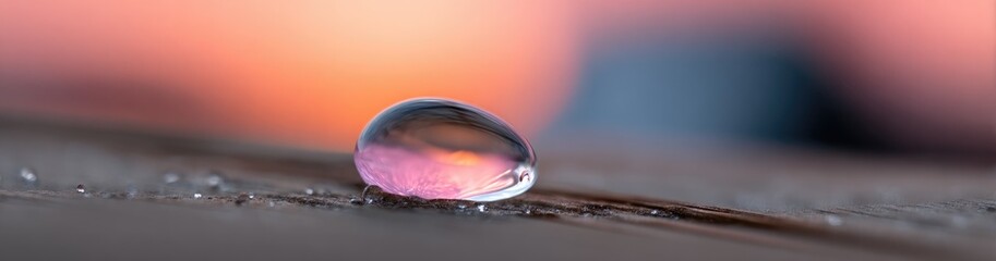 Water droplet on a leaf reflecting sunset colors.