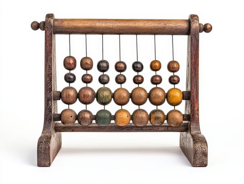 Old-style metal abacus on a white background.
