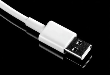 White USB Cable on Black Background.