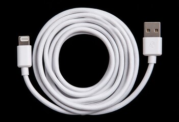 White USB to Lightning charging cable coiled on a black background.