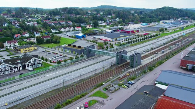 Aerial view of &Auml;lv&auml;ngen train station and town near E45, north of Gothenburg