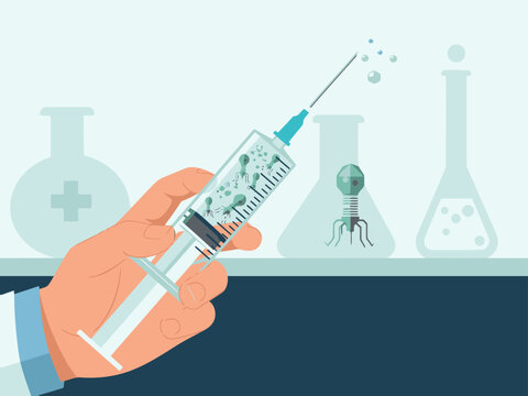 A hand holds a syringe filled with bacteria, surrounded by lab flasks.  Syringe phage medical treatment concept. Modern, clean illustration.