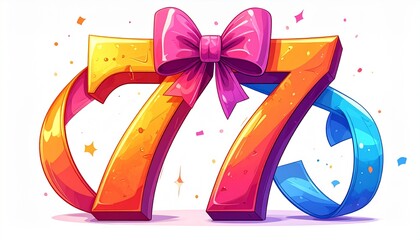 Number 77 wrapped with a festive ribbon on a white background. Image for birthday or anniversary party