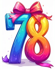 Number 78 wrapped with a festive ribbon on a white background. Image for birthday or anniversary party