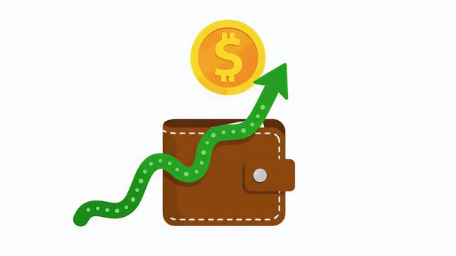 Flat animation of a wallet icon with a snake-like graph line emerging to grab a coin at the top