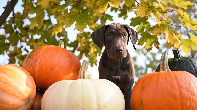 Cute dog with autumn pumpkins and leaves, seasonal fall harvest pet portrait.