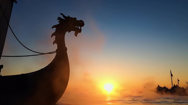 Epic Viking Festival concept: Silhouette of a longship prow with a dragon head against a dramatic sunrise orange and deep blue gradient