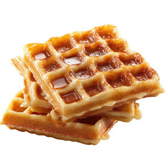 Stack of three golden brown waffles with syrup on a black background