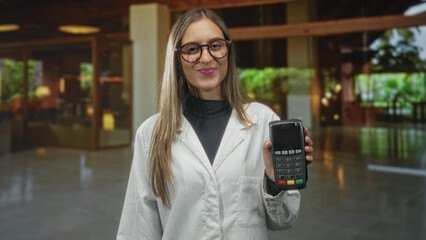 Woman holds card reader in building lobby smiling while presenting payment terminal; friendly...
