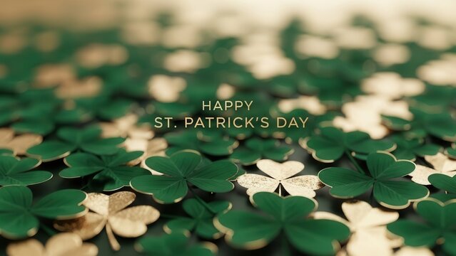 Close-up of green and gold shamrock pattern with depth of field for St. Patrick's Day celebration. Premium festive background for Irish holiday greeting cards and commercial advertising. - Powered by Adobe