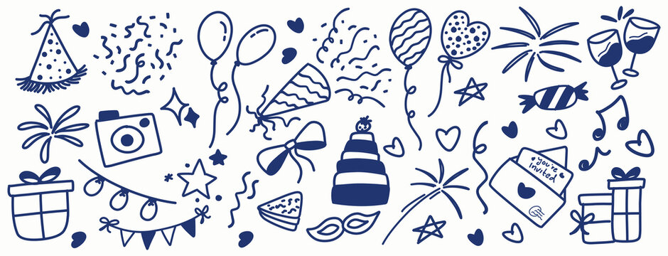 Hand drawn party doodle elements set with balloons, cake, gifts, fireworks, hearts, camera, and celebration icons. Fun sketch style illustration for birthday, party, and festive designs.