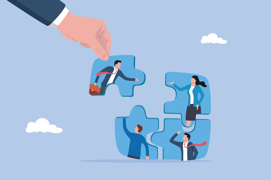 Businessman hand HR put new joiner to connect jigsaw puzzle, new joiner to fill in team and solve problem, teamwork to get solution, put right man in the right job to fit job description concept.