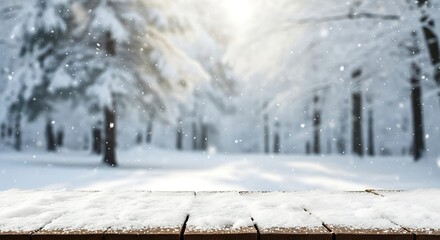 Snowy forest path with wooden platform winter landscape serene snowy scene with trees and sunlight