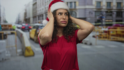 Obraz premium Hispanic woman in santa hat covers ears against traffic noise on a busy city street; noise annoyance.