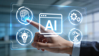 Innovative ai technology concept demonstration corporate office digital interaction modern workspace close-up view future potential