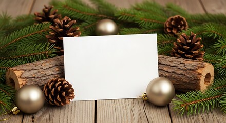 Christmas card with pine branches pinecones and ornaments on wooden background