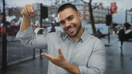 Man holding handcuffs on rainy city street with blurred traffic lights in distance; law enforcement...