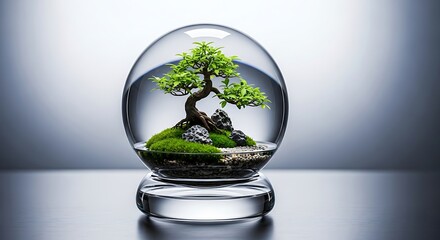 Bonsai tree in a glass globe on a table with a gradient background symbolizing harmony and balance