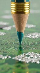 Pencil tip touching green circuit board with gold and silver components close up