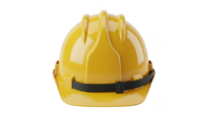 Bright yellow hard hat with adjustable chinstrap isolated on transparent background
